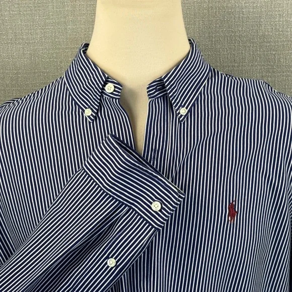 Ralph Lauren Mens XXL Knit Dress Shirt Blue White Striped Long Sleeve - Picture 2 of 6
